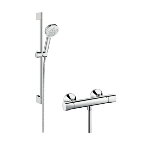 Set de Ducha Termostático con Barra y Flexo de Ducha Cromo/ Blanco 27030400 Crometta 100 de Hansgrohe