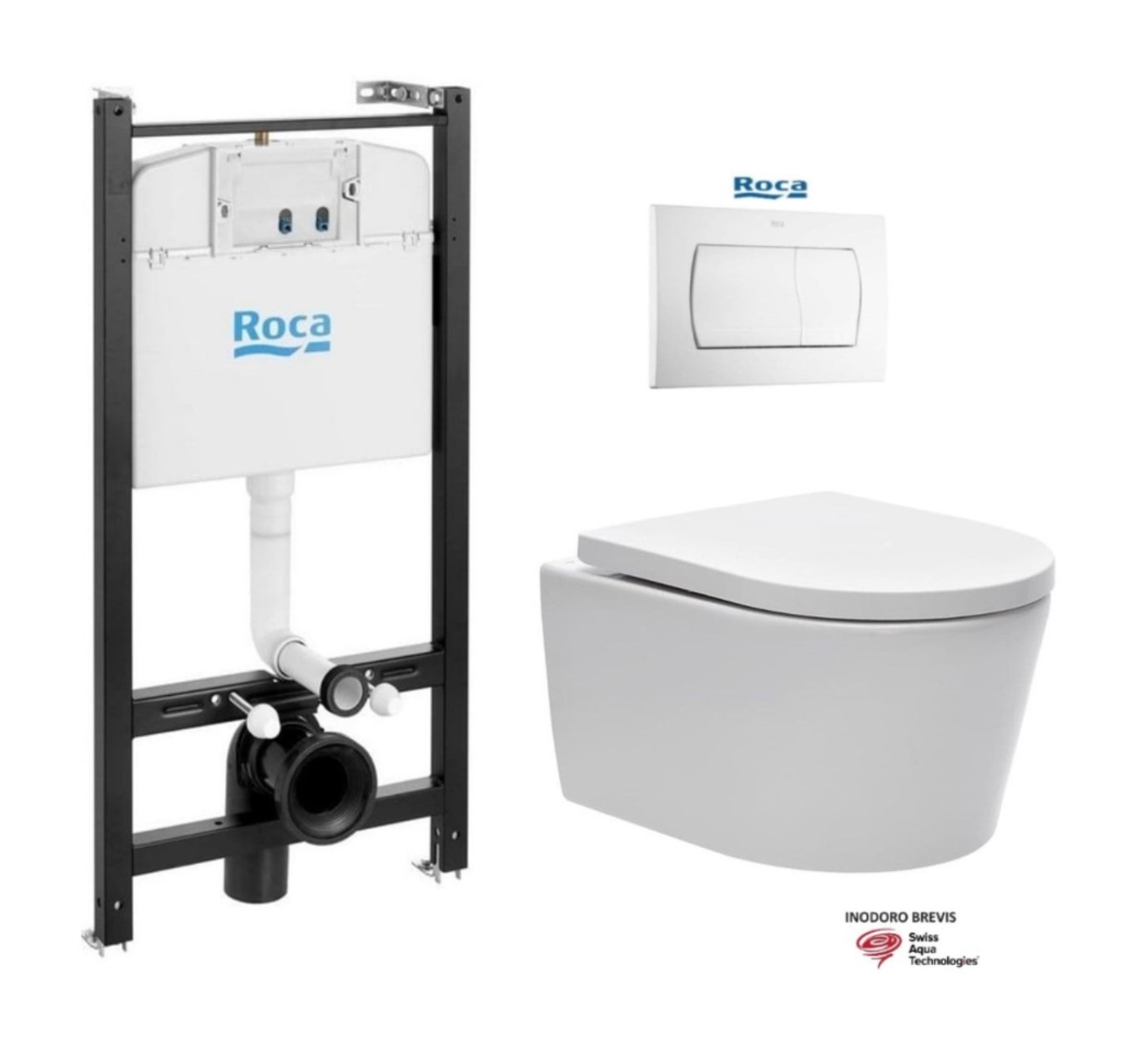 Bastidor ROCA Active pack cisterna empotrada y pulsador PVC blanco brillo  con inodoro suspendido Rim-ex