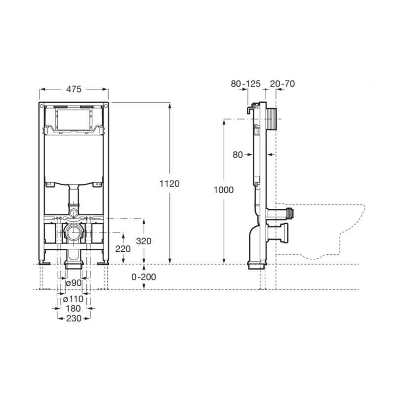 BASTIDOR ROCA DUPLO ONE PACK CISTERNA EMPOTRADA Y PULSADOR PL1 CROMO BR CON INODORO SUSPENDIDO RIM-EX INFINITIO BLANCO MAT 48CM