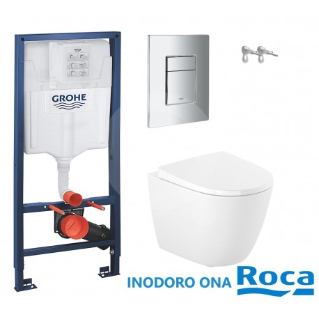 Pack Bâti-Support encastré Grohe et plaque de chasse d'eau chrome brillant avec WC Roca Ona Suspendu 48cm