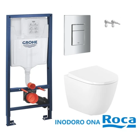 Bastidor GROHE pack cisterna empotrada y pulsador cromo con inodoro suspendido Roca Ona Blanco 48 cm