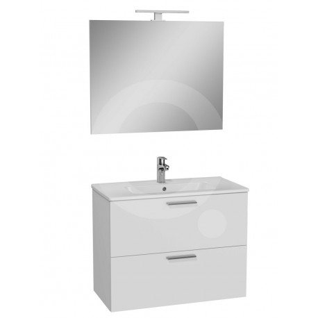 Meuble de salle de bains Miami Set blanc brillant 79x61x39,5 cm avec miroir, lavabo, éclairage LED + armoire (MIASET80B)