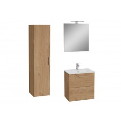 Conjunto de baño Miami Set 59x61x39,5 que incluye espejo, lavabo, iluminación LED y mueble alto en roble golden.