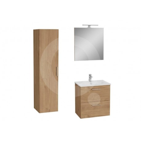 Conjunto de baño Miami Set 59x61x39,5 que incluye espejo, lavabo, iluminación LED y mueble alto en roble golden.