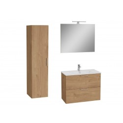 Conjunto de baño Miami Set 79x39,5x61 que incluye espejo, lavabo, iluminación LED y mueble alto en roble golden.