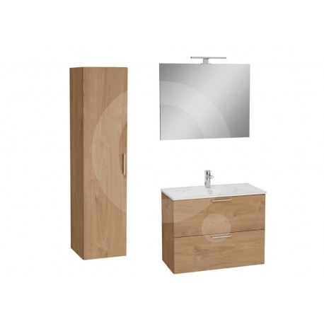 Conjunto de baño Miami Set 79x39,5x61 que incluye espejo, lavabo, iluminación LED y mueble alto en roble golden.