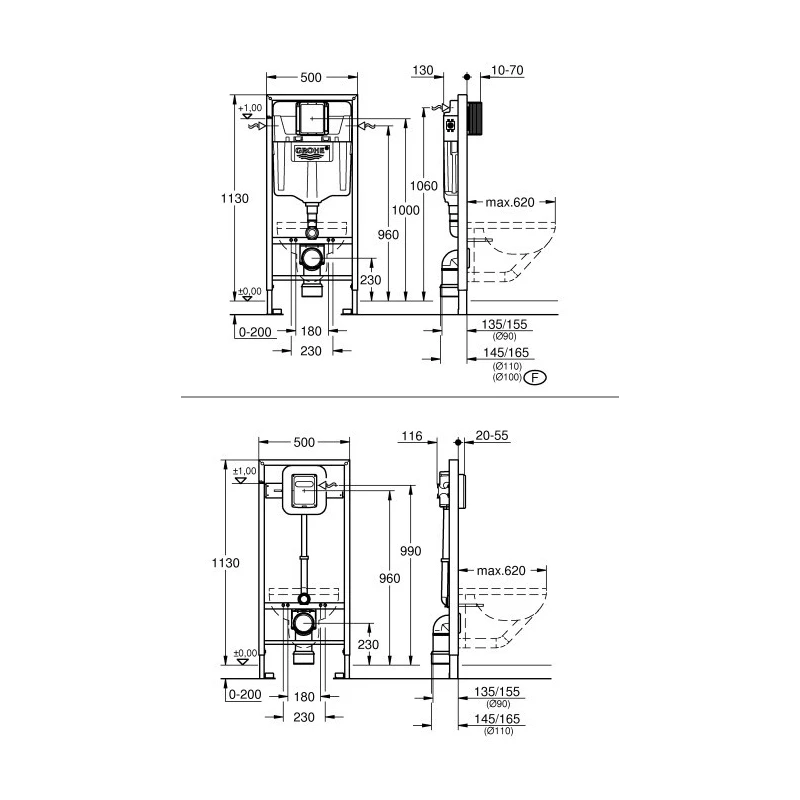 BASTIDOR GROHE CON CISTERNA EMPOTRADA, PULSADOR NEGRO, INODORO SUSPENDIDO TORNADO 72 SISTEMA VORTEX BLANCO DE SAT