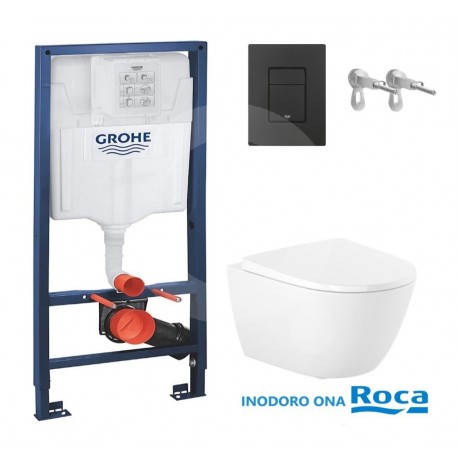 Bastidor GROHE pack cisterna empotrada y pulsador Negro Mate con inodoro suspendido Rim-ex Havana Glacera blanco