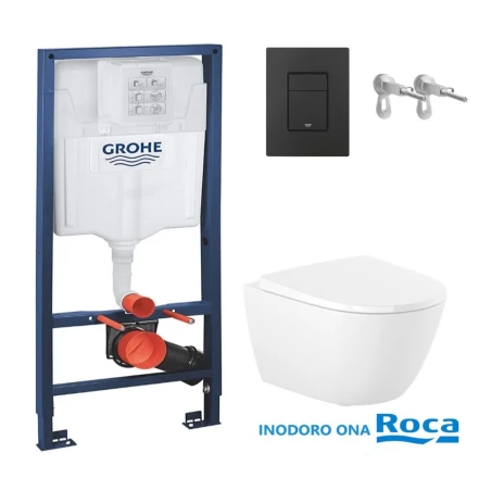 Bastidor GROHE pack cisterna empotrada y pulsador Negro Mate con inodoro suspendido Roca Ona Blanco 48 cm