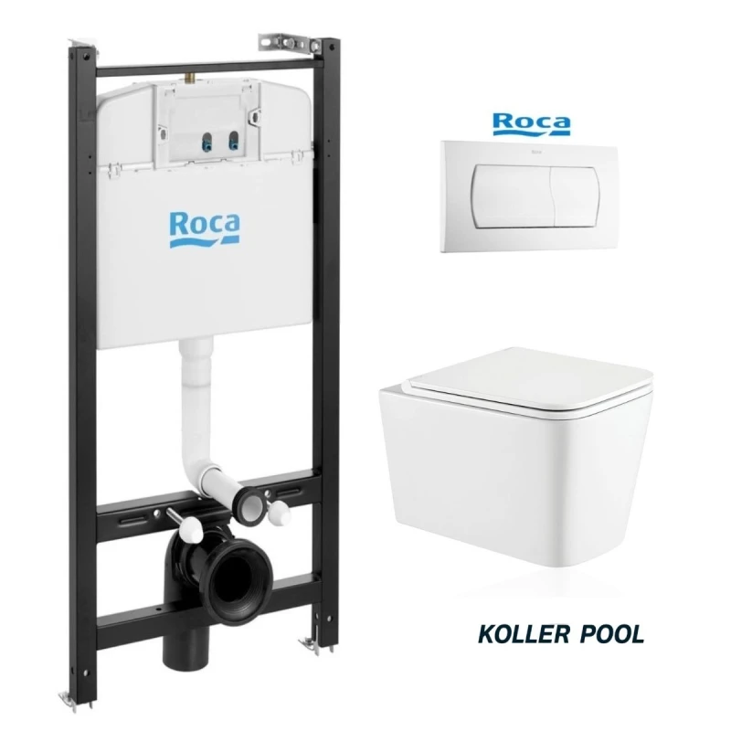 BASTIDOR ROCA PACK CISTERNA EMPOTRADA Y PULSADOR BLANCO BRILLO CON INODORO SUSPENDIDO TREND SISTEMA VORTEX TORNADO 3 KOLLER POOL