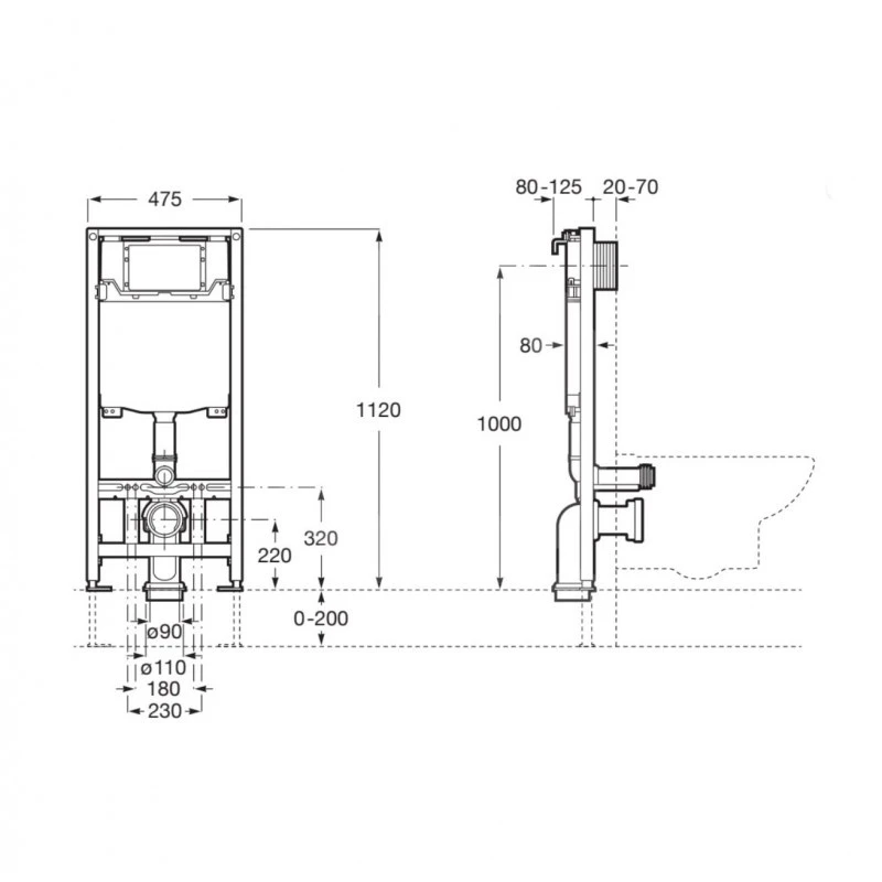 BASTIDOR ROCA DUPLO ONE PACK CISTERNA EMPOTRADA Y PULSADOR PL10 BLANCO MAT CON INODORO SUSPENDIDO TREND CON SISTEMA VORTEX