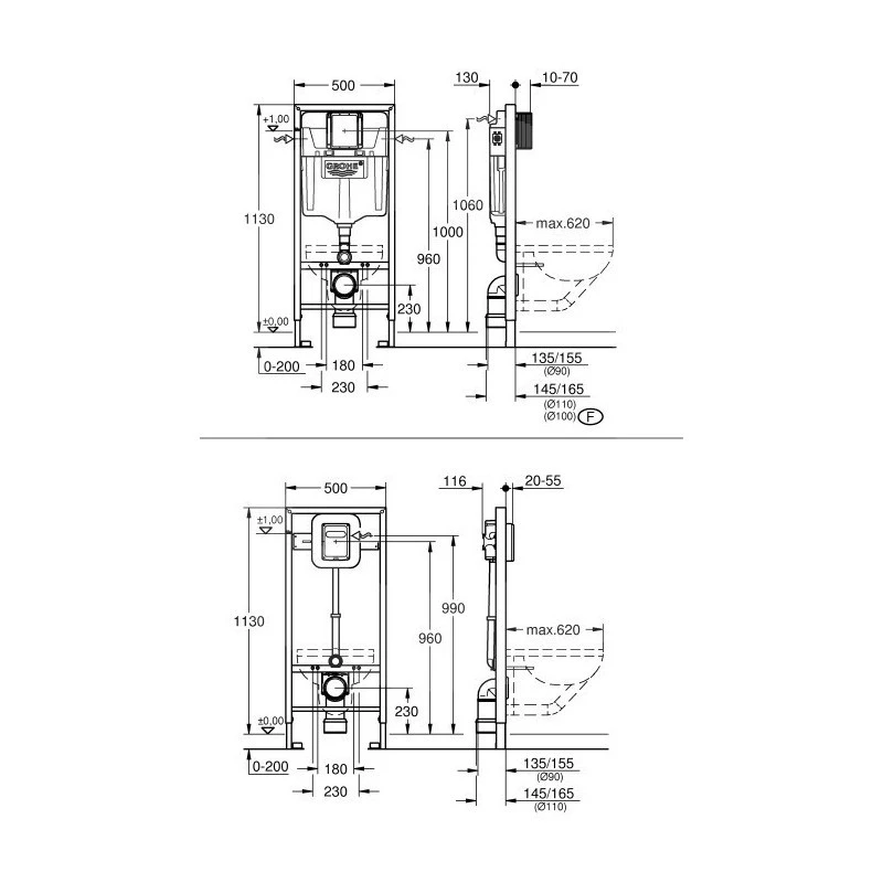 BASTIDOR GROHE PACK CISTERNA EMPOTRADA Y PULSADOR CROMO BRILLO CON INODORO SUSPENDIDO TREND CON SISTEMA VORTEX KOLLER POOL