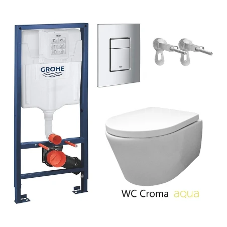 Bastidor GROHE pack cisterna empotrada y pulsador cromo brillo con inodoro suspendido Rim-ex Croma blanco br AQUA