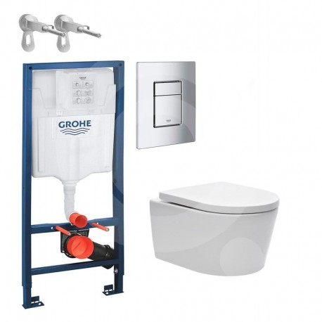 Bastidor GROHE pack cisterna empotrada y pulsador cromo brillo con inodoro suspendido Rim-ex Brevis de SAT blanco