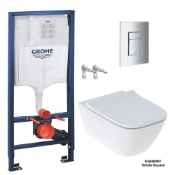 BASTIDOR GROHE CON CISTERNA EMPOTRADA, PULSADOR CROMO BRILLO, INODORO SUSPENDIDO SMYLE SQUARE DE GEBERIT