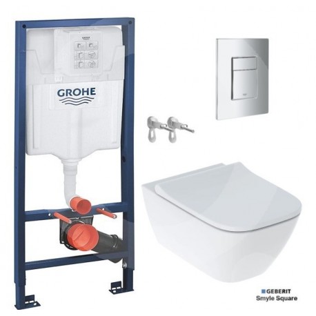 BASTIDOR GROHE CON CISTERNA EMPOTRADA, PULSADOR CROMO BRILLO, INODORO SUSPENDIDO SMYLE SQUARE DE GEBERIT