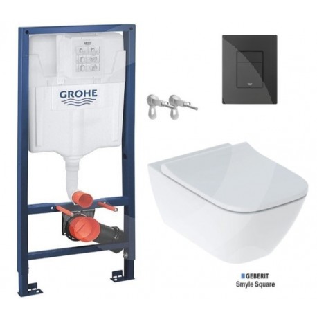 BASTIDOR GROHE CON CISTERNA EMPOTRADA, PULSADOR CROMO BRILLO, INODORO SUSPENDIDO SMYLE SQUARE DE GEBERIT