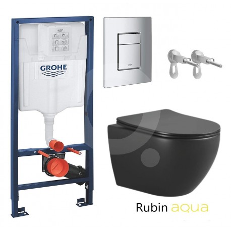 BASTIDOR GROHE PACK CISTERNA EMPOTRADA Y PULSADOR CROMO CON INODORO SUSPENDIDO AQUA WC RUBIN NEGRO MATE