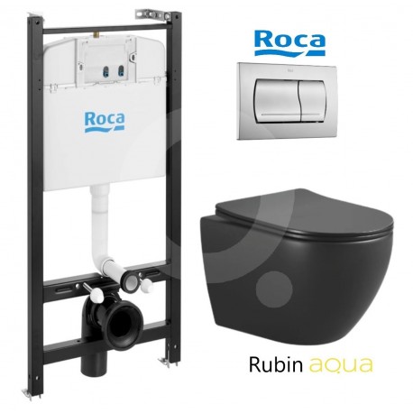 PACK ROCA ACTIVE CISTERNA EMPOTRADA Y PULSADOR CROMO MATE CON INODORO SUSPENDIDO RUBIN NEGRO 48,2cm AQUA