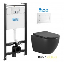 ROCA ACTIVE pack bâti-support encastrè et bouton poussoir Blanc brillant avec WC suspendu RUBIN NEGRO 48,2cm AQUA