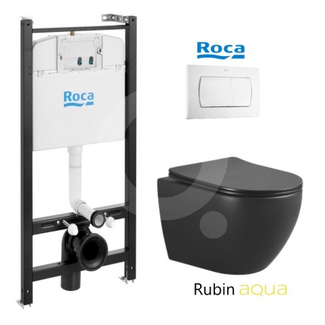 PACK ROCA ACTIVE CISTERNA EMPOTRADA Y PULSADOR BLANCO BRILLO CON INODORO SUSPENDIDO RUBIN NEGRO 48,2cm AQUA