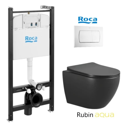 PACK ROCA ACTIVE CISTERNA EMPOTRADA Y PULSADOR BLANCO BRILLO CON INODORO SUSPENDIDO RUBIN NEGRO 48,2cm AQUA