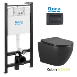 PACK ROCA ACTIVE CISTERNA EMPOTRADA Y PULSADOR NEGRO MATE CON INODORO SUSPENDIDO RUBIN NEGRO 48,2cm AQUA