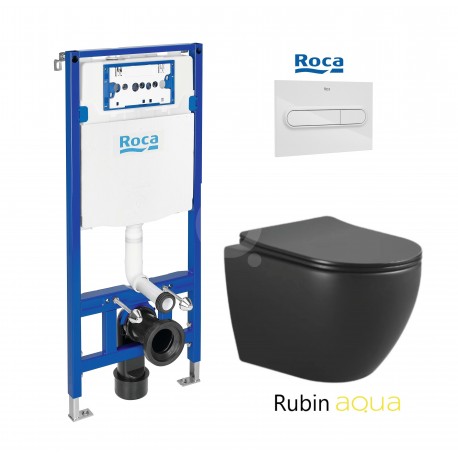 ROCA DUPLO pack bâti-support encastrè et bouton poussoir PL1 blanc brillant avec WC suspendu RUBIN NEGRO 48,2cm AQUA