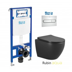 ROCA DUPLO pack bâti-support encastrè et bouton poussoir PL1 chrome brillant avec WC suspendu RUBIN NEGRO 48,2cm AQUA