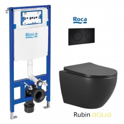 ROCA DUPLO pack bâti-support encastrè et bouton poussoir PL10 noir mat avec WC suspendu RUBIN NEGRO 48,2cm AQUA