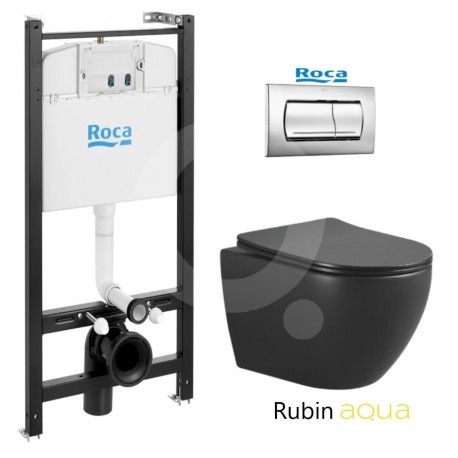 ROCA ACTIVE pack bâti-support encastrè et bouton poussoir Chrome brillant avec WC suspendu RUBIN NOIR 48,2cm AQUA