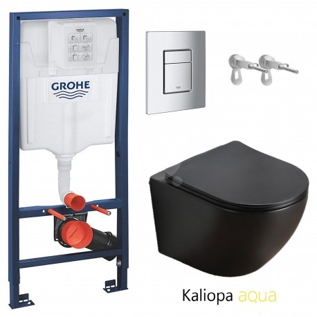 BASTIDOR GROHE PACK CISTERNA EMPOTRADA Y PULSADOR CROMO CON INODORO SUSPENDIDO AQUA-ARIA WC KALIOPA NEGRO MATE