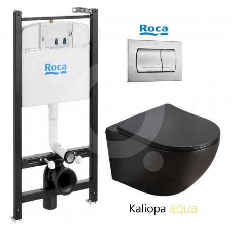 PACK ROCA ACTIVE CISTERNA EMPOTRADA Y PULSADOR CROMO MATE CON INODORO SUSPENDIDO KALIOPA NEGRO 49cm AQUA