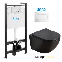 PACK ROCA ACTIVE CISTERNA EMPOTRADA Y PULSADOR BLANCO BRILLO CON INODORO SUSPENDIDO KALIOPA NEGRO 49cm AQUA