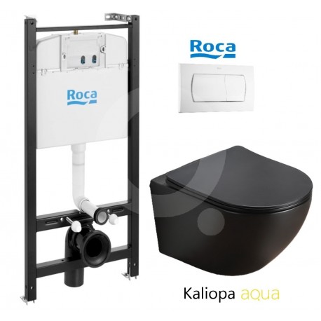 ROCA ACTIVE pack bâti-support encastrè et bouton poussoir Blanc brillant avec WC suspendu KALIOPA NOIR 49cm AQUA