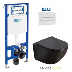 PACK ROCA DUPLO CISTERNA EMPOTRADA Y PULSADOR PL1 BLANCO BRILLO CON INODORO SUSPENDIDO KALIOPA NEGRO 49cm AQUA