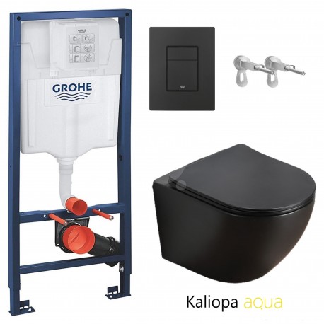 BASTIDOR GROHE PACK CISTERNA EMPOTRADA Y PULSADOR EVEN NEGRO CON INODORO SUSPENDIDO AQUA-ARIA WC KALIOPA NEGRO MATE