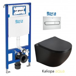 PACK ROCA DUPLO CISTERNA EMPOTRADA Y PULSADOR PL1 CROMO BRILLO CON INODORO SUSPENDIDO KALIOPA NEGRO 49cm AQUA