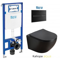 ROCA DUPLO pack bâti-support encastrè et bouton poussoir PL7 Dual Noir avec WC suspendu KALIOPA NEGRO 49cm AQUA