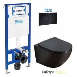 ROCA DUPLO pack bâti-support encastrè et bouton poussoir PL10 noir mate avec WC suspendu KALIOPA NEGRO 49cm AQUA