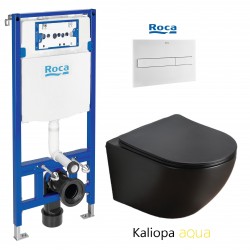 PACK ROCA DUPLO CISTERNA EMPOTRADA Y PULSADOR PL7 BLANCO MATE CON INODORO SUSPENDIDO KALIOPA NEGRO 49cm AQUA