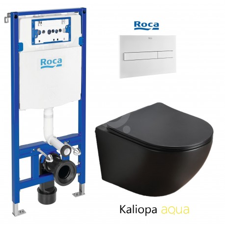 PACK ROCA DUPLO CISTERNA EMPOTRADA Y PULSADOR PL7 BLANCO MATE CON INODORO SUSPENDIDO KALIOPA NEGRO 49cm AQUA