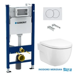 Bastidor GEBERIT Duofix pack cisterna empotrada y pulsador DELTA 01 blan br con inodoro suspendido Meridian de Roca