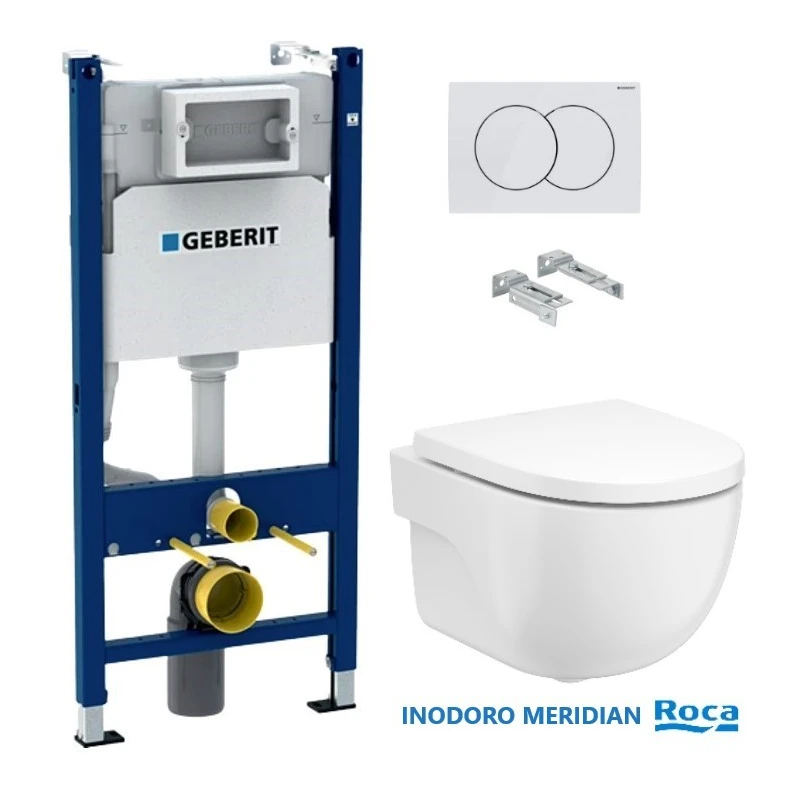 Bastidor GEBERIT Duofix pack cisterna empotrada y pulsador DELTA 01 blan br con inodoro suspendido Meridian de Roca