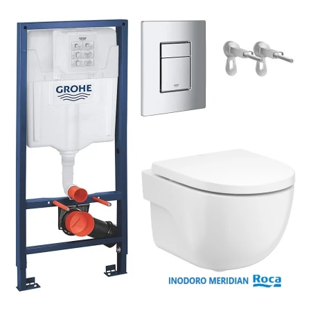 Bastidor GROHE pack cisterna empotrada y pulsador cromo con inodoro suspendido Roca Meridian Blanco 48 cm