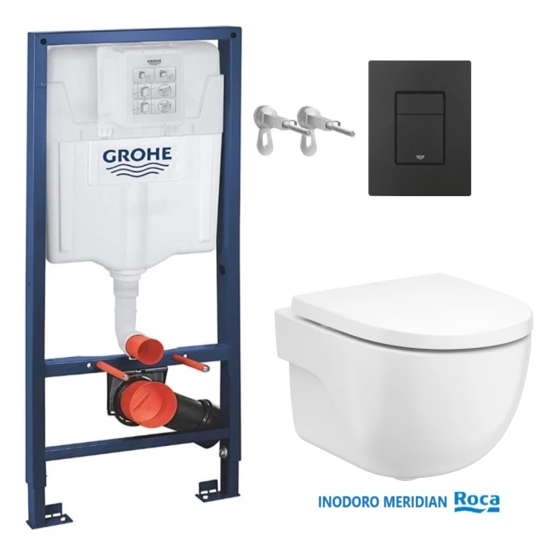 Bastidor GROHE pack cisterna empotrada y pulsador negro mate con inodoro suspendido Roca Meridian Blanco 48 cm