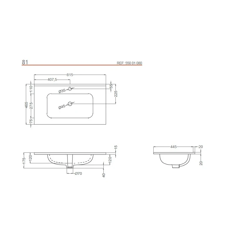 Lavabo RUBI BLANCO BRILLO 80x46 Seno Centrado