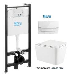 BASTIDOR ROCA ACTIVE CON CISTERNA EMPOTRADA Y PULSADOR BLANCO BRILLO NEW y WC suspendido TREND 49CM VORTEX DE KP