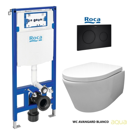 BASTIDOR ROCA DUPLO CISTERNA EMPOTRADA Y PULSADOR PL10 NEGRO MATE CON INODORO SUSPENDIDO Rim-ex Avangard blanco br AQUA