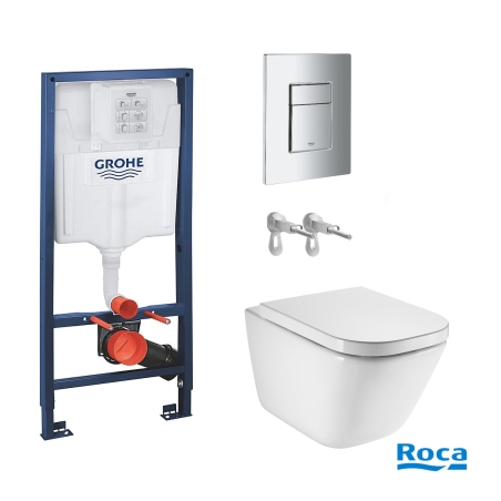 BASTIDOR GROHE PACK CISTERNA EMPOTRADA Y PULSADOR CROMO BR CON INODORO SUSPENDIDO ROCA THE GAP CON SISTEMA RIMLESS Y SOFTCLOSE